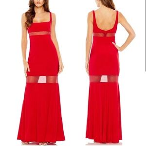 NWT Ieena Mac Duggal Red Sheer Mesh Panel Detail Column Gown Maxi Dress Sz 4